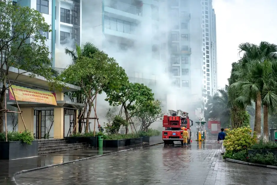 Firefighters respond to a building fire, battling smoke in an urban residential area.